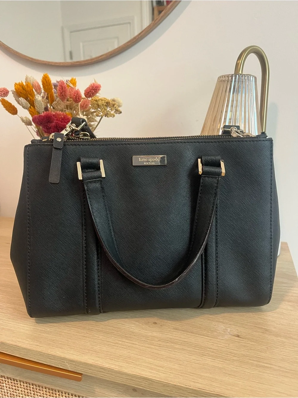 kate spade Black Structured Saffiano Satchel with Gold Hardware
